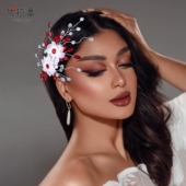 优拉潘 HP899大气简约新娘鸭嘴夹红色水钻白水晶花朵发饰舞蹈头饰