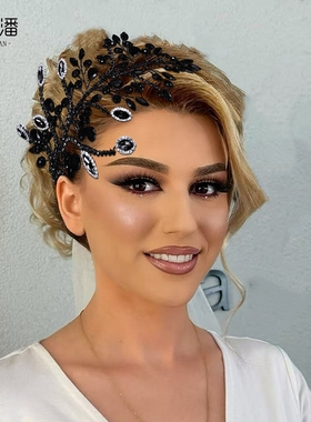 优拉潘 华丽新娘头饰黑色水钻枝杈发片宴会走秀夏季精致发饰HP860