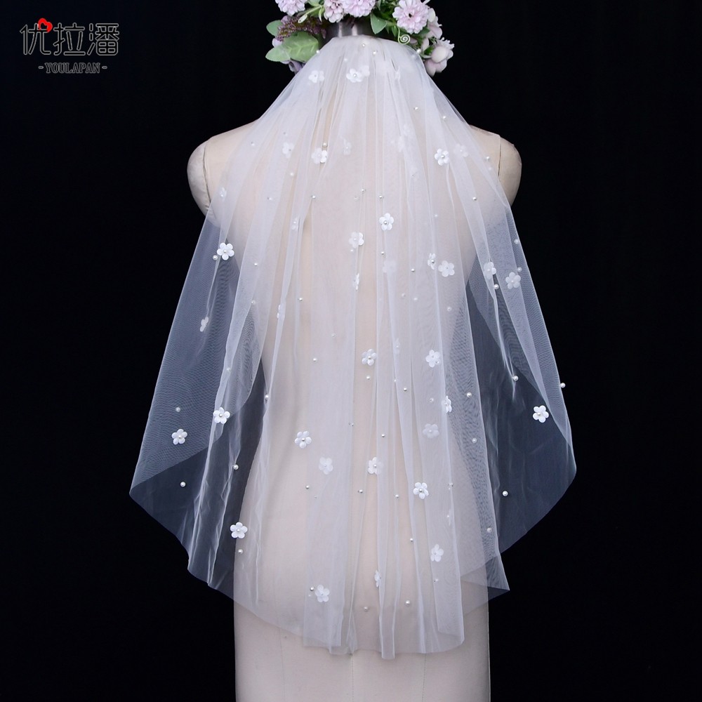 优拉潘 白色新娘头饰婚礼婚纱发饰头纱制作花朵珍珠短款软网纱v83