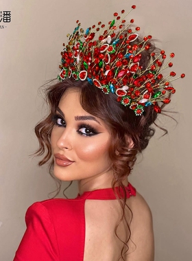 优拉潘 奢华新娘头饰红色水钻皇冠发箍生日派对走秀大气发饰HP861