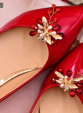 优拉潘新娘中式婚鞋花高跟鞋可拆卸合金珍珠红色水钻鞋扣配饰HX43