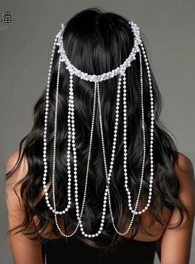 优拉潘 欧美奢华新娘配饰长款珍珠流苏发饰个性经典新品搭配HP800