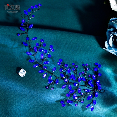 优拉潘 HP21气质新娘礼服搭配发饰蓝色水钻串珠发带走秀活动头饰