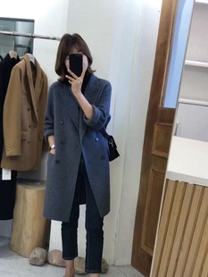 灰色正肩西装长款毛呢外套冬天千金穿搭气质高级感超好看呢子大衣