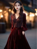 2025新款 秋季 法式 女装 气场强大正式 场合长裙赫本风显瘦红色连衣裙