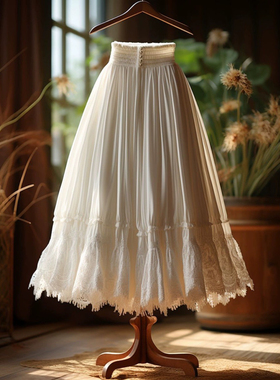 多巴胺穿搭春天风情万种的白色蕾丝边百褶大裙摆松紧腰半身长裙子