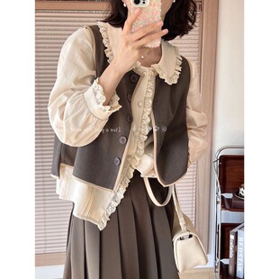 女春 高个子高腰百褶半身裙三件套装 成套搭配女装 减龄棕色马甲衬衫