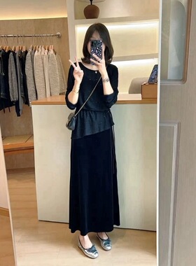 韩系极简高级感穿搭巨好看轻熟打底衫上衣深蓝色绑带长袖t恤25秋