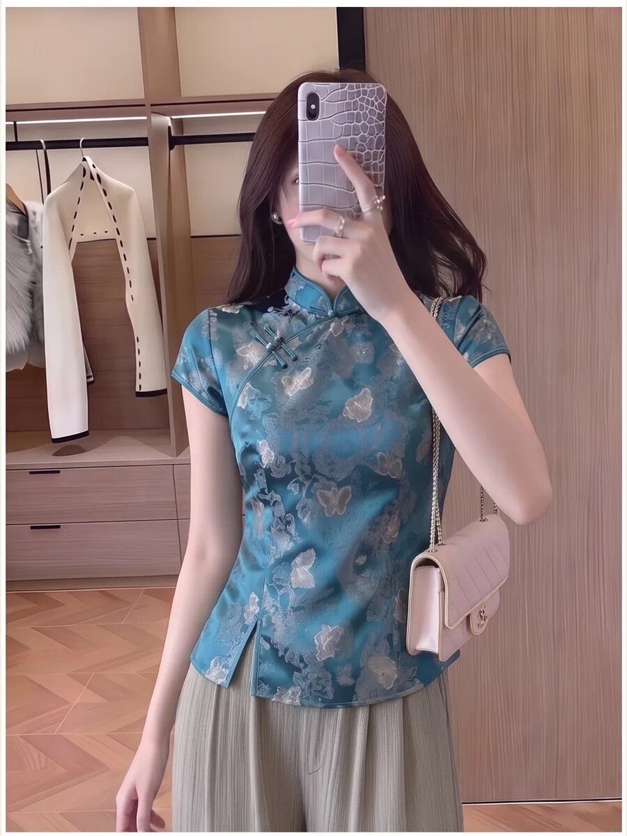 绝美新中式立领短袖上衣女2026年夏季新款蓝色印花气质复古风衬衫图片