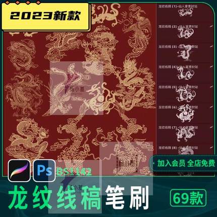 ps传统龙纹笔刷龙凤呈祥双龙戏珠线条线稿花纹procreate国风画笔