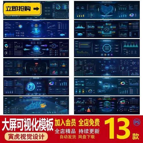 科技可视化管理系统计大屏软件图表统计后台UI界面智慧PS素材模板