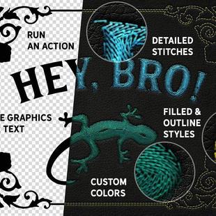 PS逼真高清绣花刺绣效果动作样式 笔刷文字logo缝纫特效素材样机