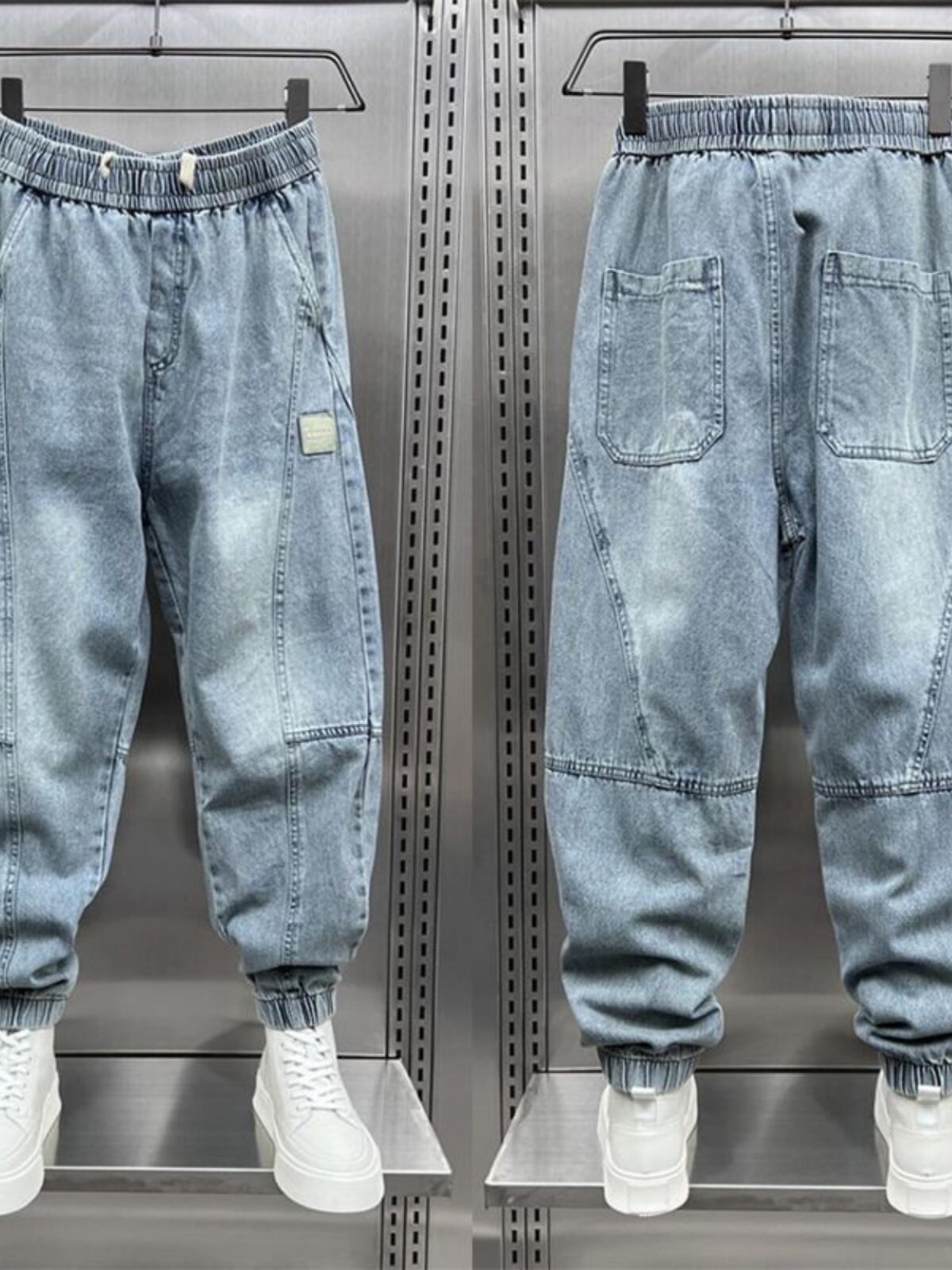 300파운드 플러스 사이즈 트렌디한 남성용 스플라이스 데님 레깅스 봄과 가을 뚱뚱한 형제 트렌디한 잘생긴 신축성 있는 허리 하렘 바지