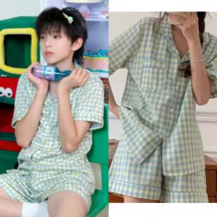 TF家族四代陈思罕同款睡衣简约格子开衫短袖青少年个性家居服套装