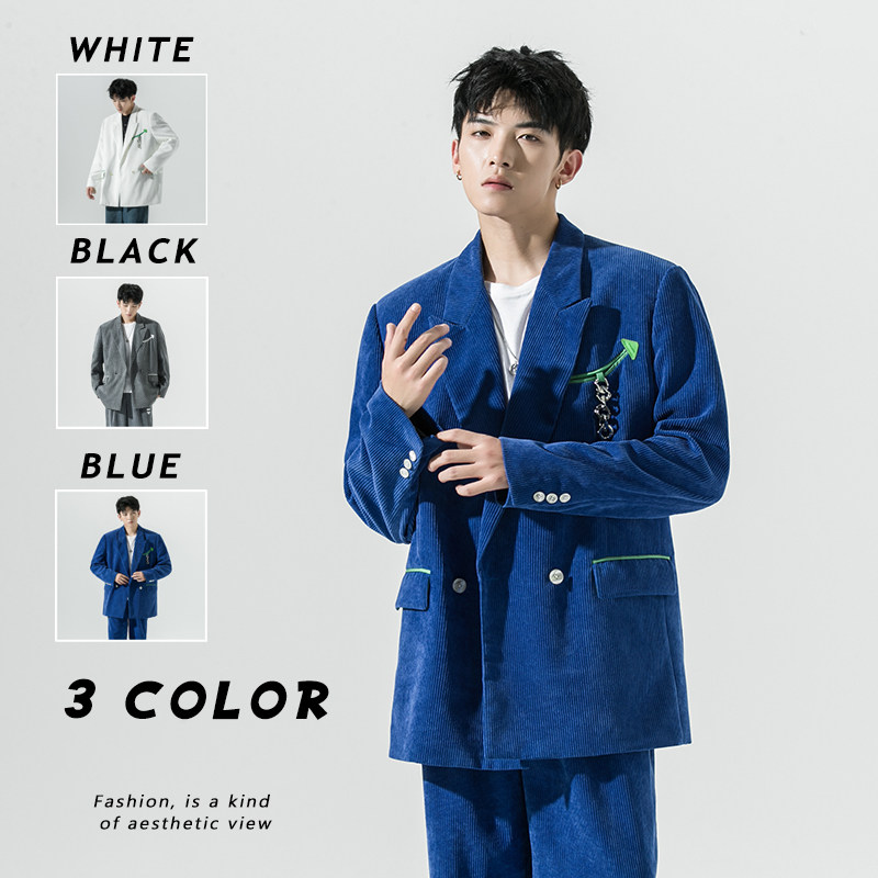 2025春季新款日系原创西服撞色灯芯绒休闲西服外套蓝GX08-P125，男装西服，电商B277A（原A068）