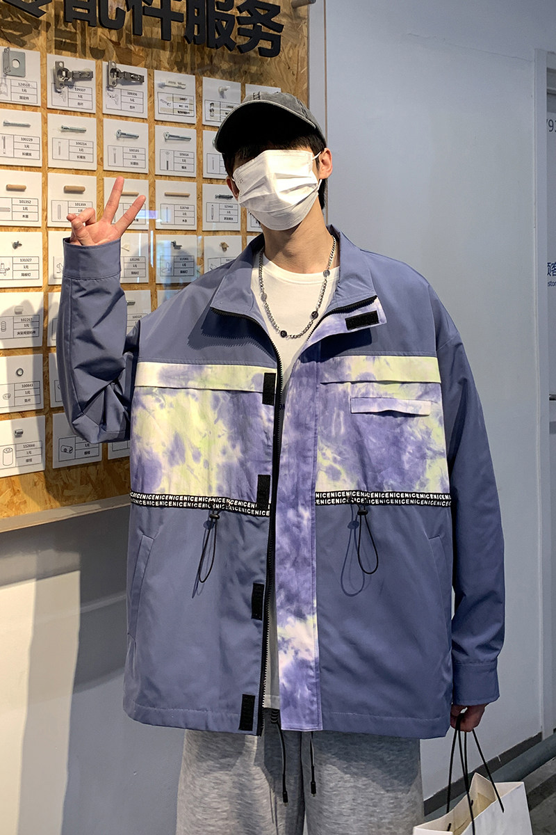 2025春季新款港风原创衬衣夹克扎染拼接外套蓝GJ13-P45,男装夹克,电商B277A（原A068）
