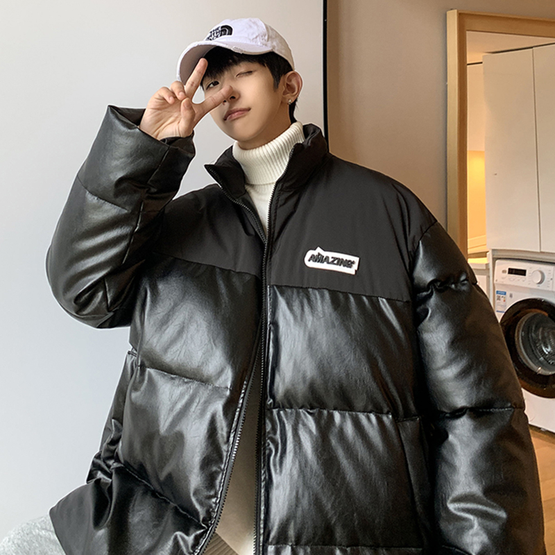 2024冬季新款港风PU皮拼接潮面包服棉衣外套白GM03P135，男装棉衣，电商B277A（原A068）