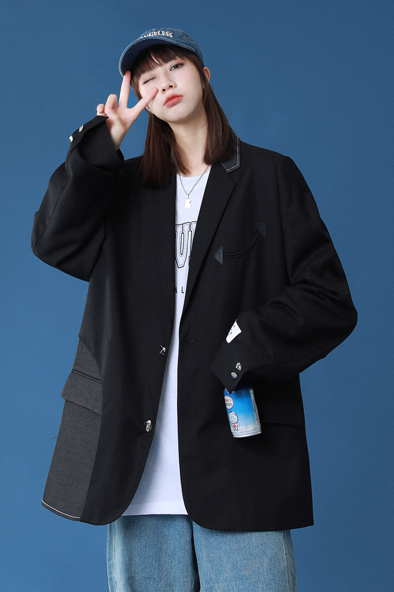 2025春季新款中性港风原创撞色拼接休闲西服外套黑GX12-P100,男装西服,电商B277A（原A068）