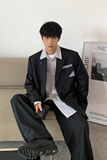 2025春季新款港风原创西服拼接毛边宽松休闲西服外套黑GX07-P90，男装西服，电商B277A（原A068）