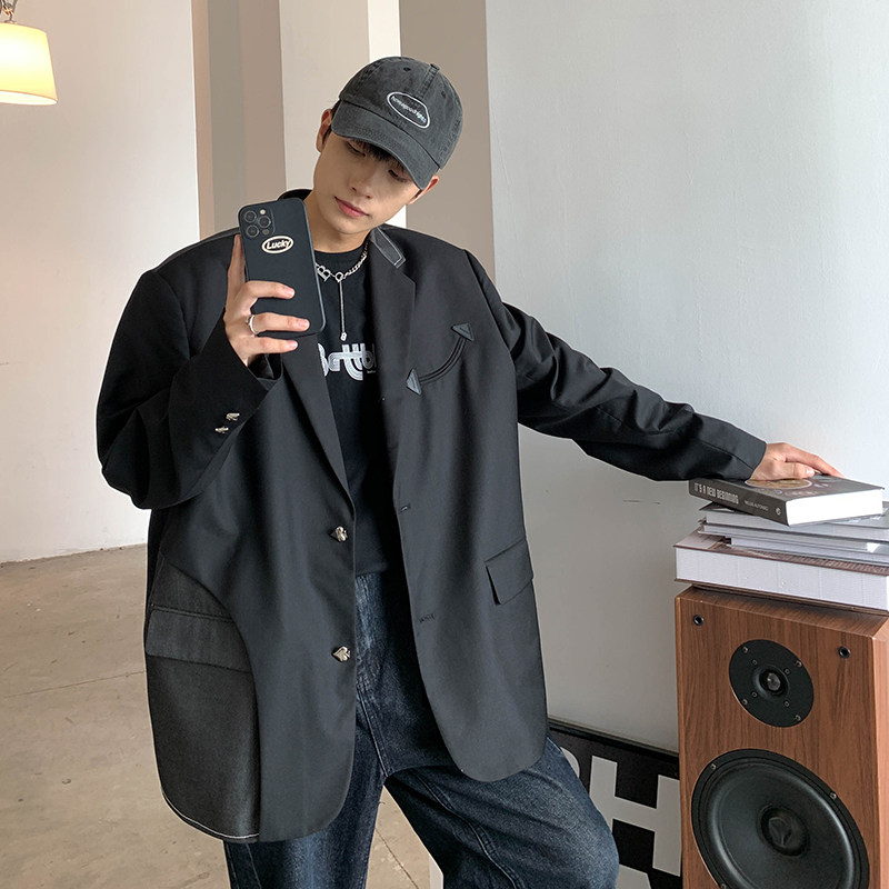 2025秋季新款港风原创仿牛仔拼接西服外套黑GX12-P145，男装西服，电商B277A（原A068）