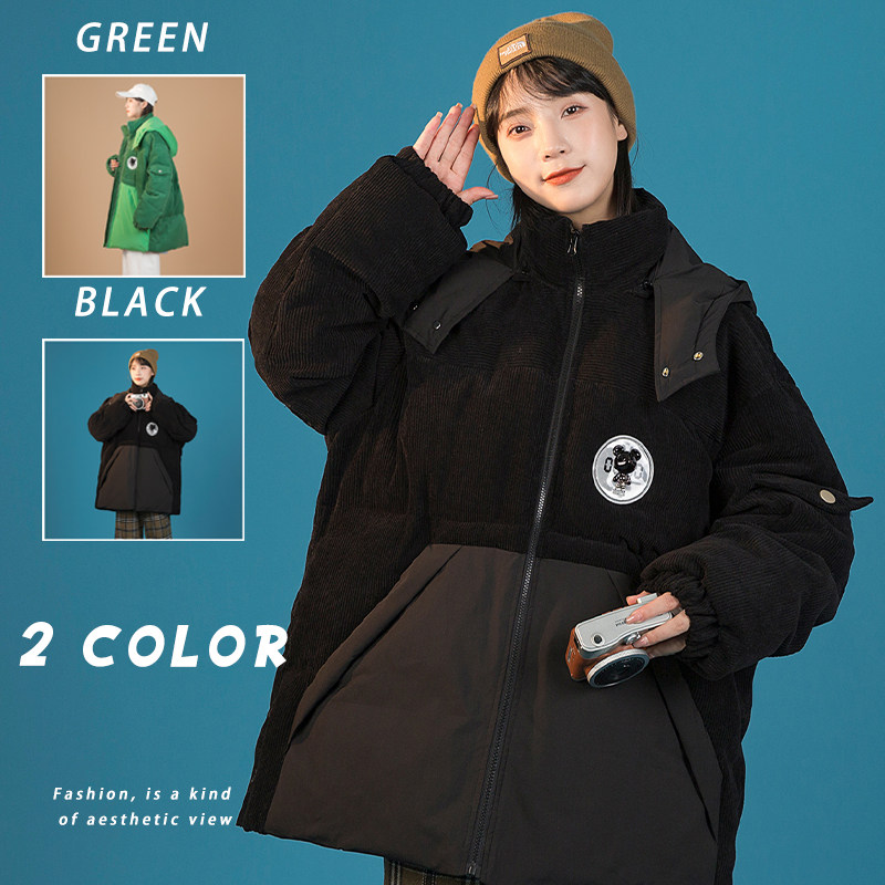 2025冬季新款港风灯芯绒拼接棉衣夹克中性男女外套黑GM07P125，男装夹克，电商B277A（原A068）