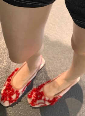 现货欧美2025新款同款串珠网纱面透明平底单鞋女后绊带包头凉鞋