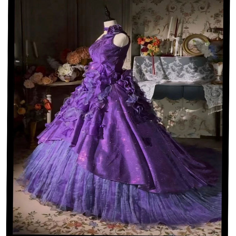 洛丽塔风紫色立体花礼服女无袖蓬蓬裙公主风晚装裙