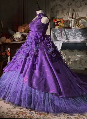 洛丽塔风紫色立体花礼服女无袖蓬蓬裙公主风晚装裙
