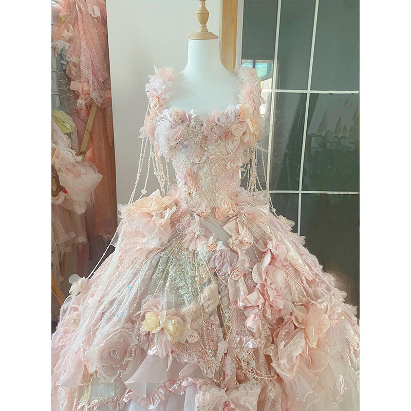 粉色抹胸仙女风晚礼服蓬蓬裙定制