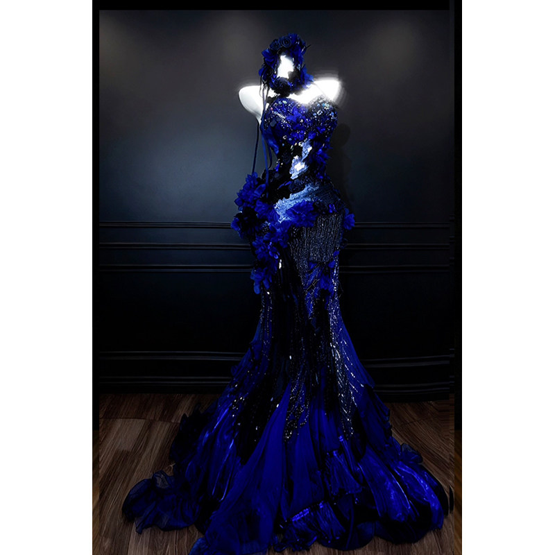 蓝色单肩鱼尾亮片拖地礼服定制