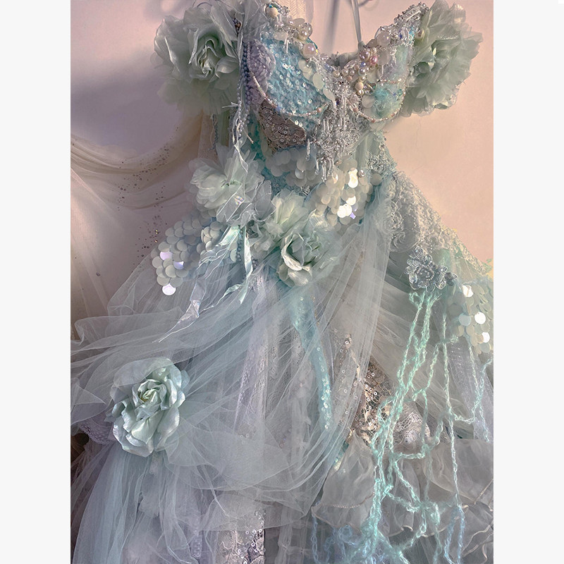 仙女风蓝色大袖齐胸亮片礼服定制