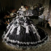 洛丽塔风黑白玫瑰蛋糕裙女单肩荷叶边公主礼服高级感晚装 vintage