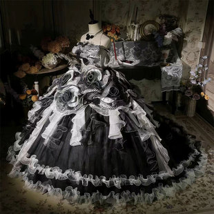 洛丽塔风黑白玫瑰蛋糕裙女单肩荷叶边公主礼服高级感晚装 vintage