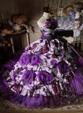 公主风抹胸紫色立体花礼服女层叠荷叶边拖地婚纱礼服
