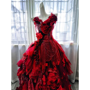华丽风红色立体花单肩礼服女重工花嫁款公主裙长裙花嫁红色洛丽塔
