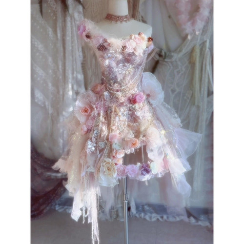 粉色抹胸立体花仙女风公主礼服