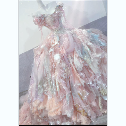 梦幻仙女风粉色立体花朵一字肩拖地大摆晚礼服公主风洛丽塔
