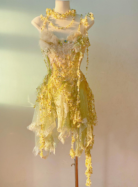 黄色花朵吊带礼服女不规则拖尾公主裙定制花嫁洛丽塔 lolita