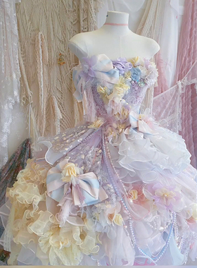 洛丽塔风抹胸重工礼服蓝色花朵蛋糕裙公主风晚装定制花朵装饰