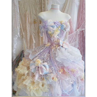 洛丽塔风抹胸重工礼服蓝色花朵蛋糕裙公主风晚装定制花朵装饰