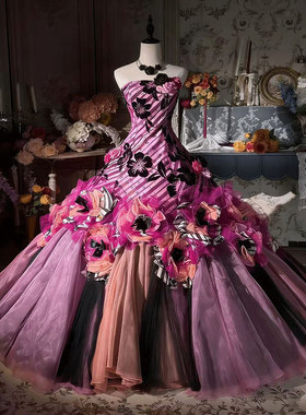 梦幻仙女风立体花抹胸礼服紫色蓬蓬裙成人礼高级感