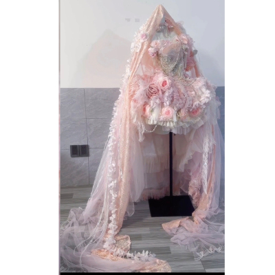 梦幻仙女风粉色花朵抹胸拖尾礼服