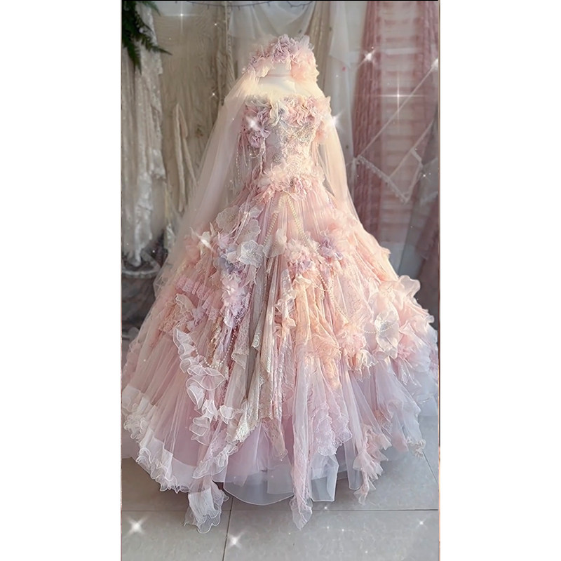 粉色公主风女梦幻仙女风立体花嫁华丽晚装定制花嫁洛丽塔lolita