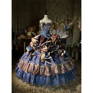 洛丽塔风蓝色多层蛋糕礼服女一字肩珍珠装 饰party成人礼裙vintage