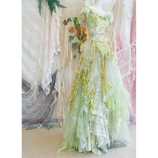 梦幻风绿色重工艺小礼服蕾丝立体花装饰晚装裙花嫁洛丽塔lolita