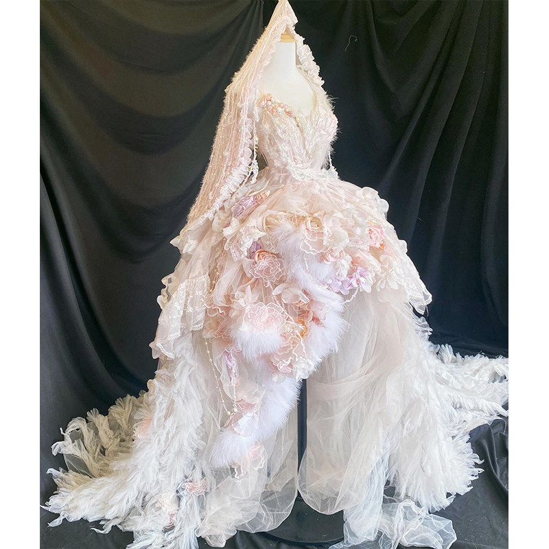 梦幻仙女风粉色立体花朵拖尾婚纱礼服公主大摆裙定制