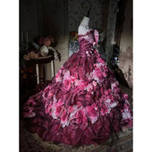 洛丽塔风一字肩酒红色立体花礼服女拖地蓬蓬公主裙花嫁款 vintage