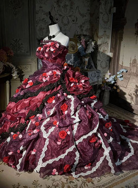 洛丽塔风华丽重工晚礼服女红色花朵成人礼公主裙复古 vintage