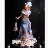 宫廷风一字肩泡泡袖 多层蛋糕裙摆蓝色礼服女长裙晚装 洛丽塔花色