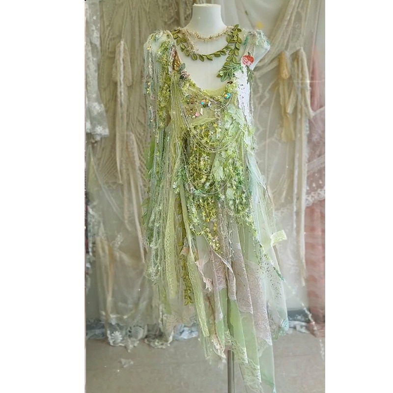 绿色森系仙女风长袖蕾丝不规则礼服精灵系晚装裙花嫁短款